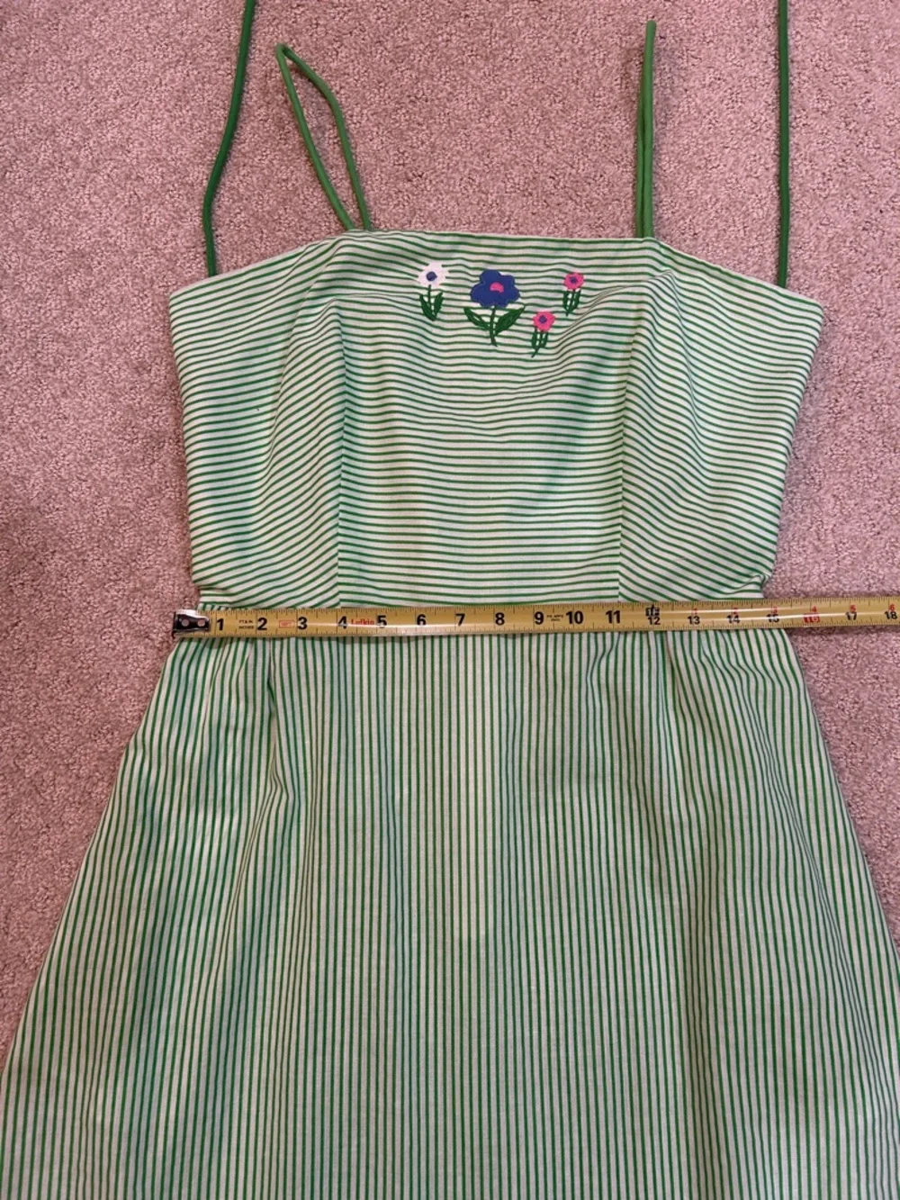 Vintage 70s 80s Green Striped Sundress Floral Embroidered Cottagecore M - Picture 9 of 10